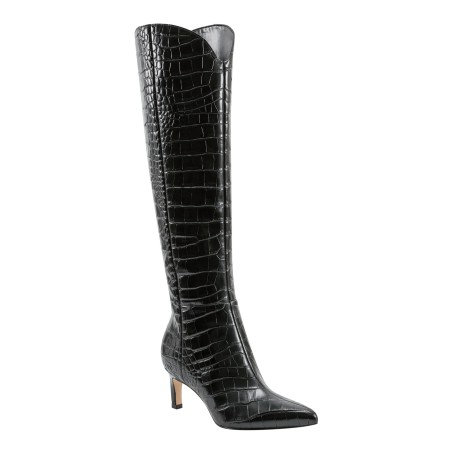 Women's Black Leather Crocodile Knee High Boots