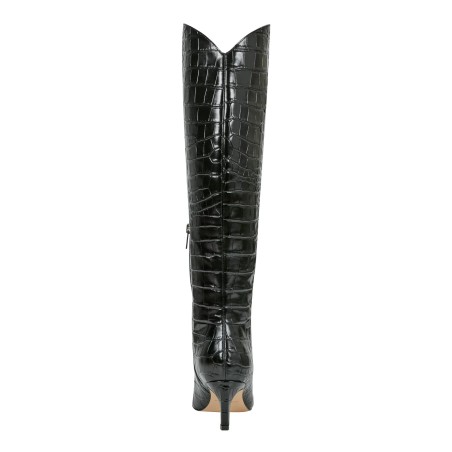 Women's Black Leather Crocodile Knee High Boots