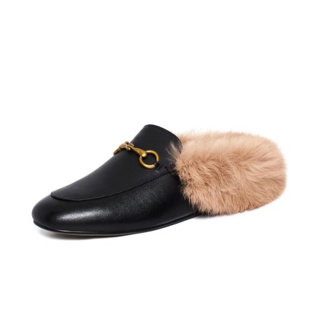 Metal buckle fur slip-on flats
