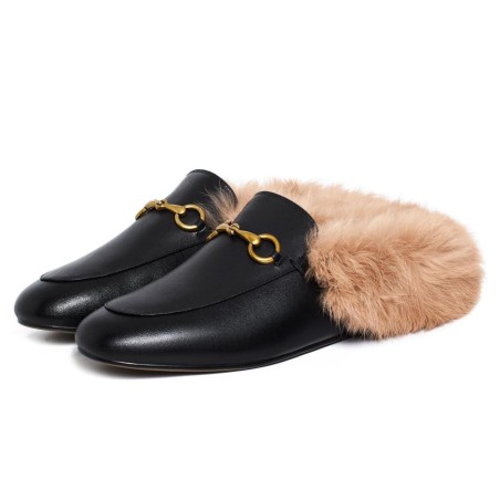 Metal buckle fur slip-on flats