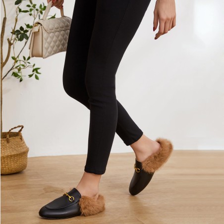 Metal buckle fur slip-on flats